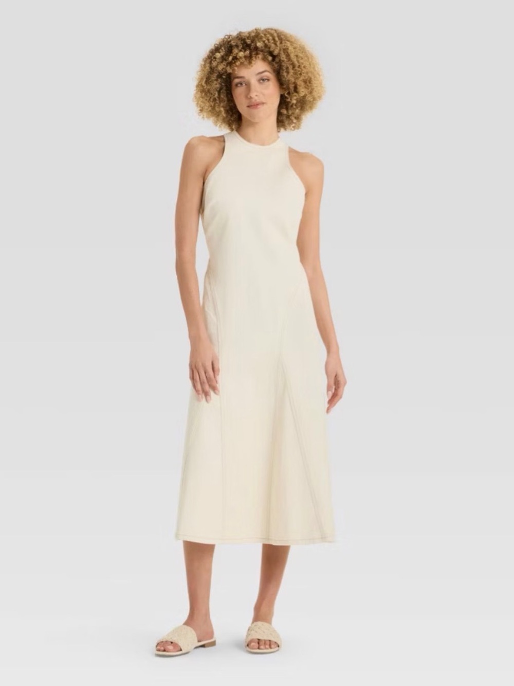 Women's Racerback Denim Midi A-Line Dress in Ivory